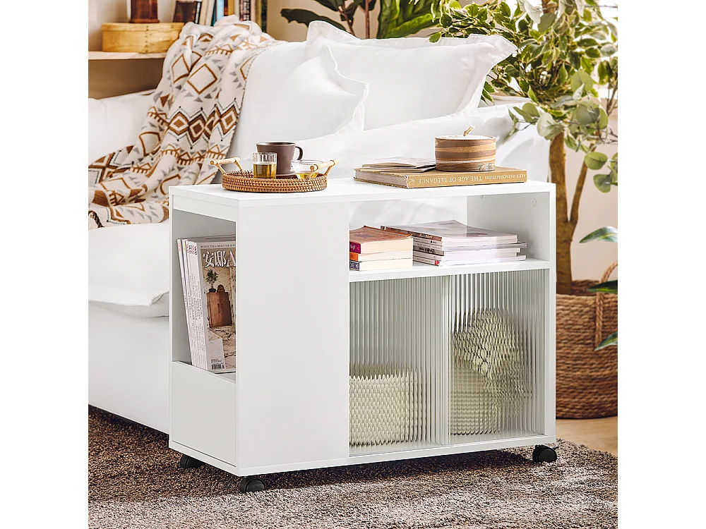 SoBuy Bijzettafel, salontafel, salontafel, bureauonderstel, op wielen, bureautrolley met lade en glazen deuren, wit, 75 x 35 x 61 cm, FBT142-W