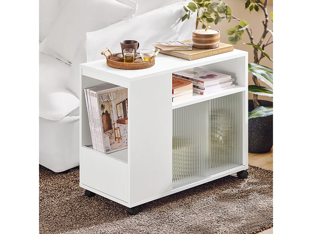 SoBuy Bijzettafel, salontafel, salontafel, bureauonderstel, op wielen, bureautrolley met lade en glazen deuren, wit, 75 x 35 x 61 cm, FBT142-W