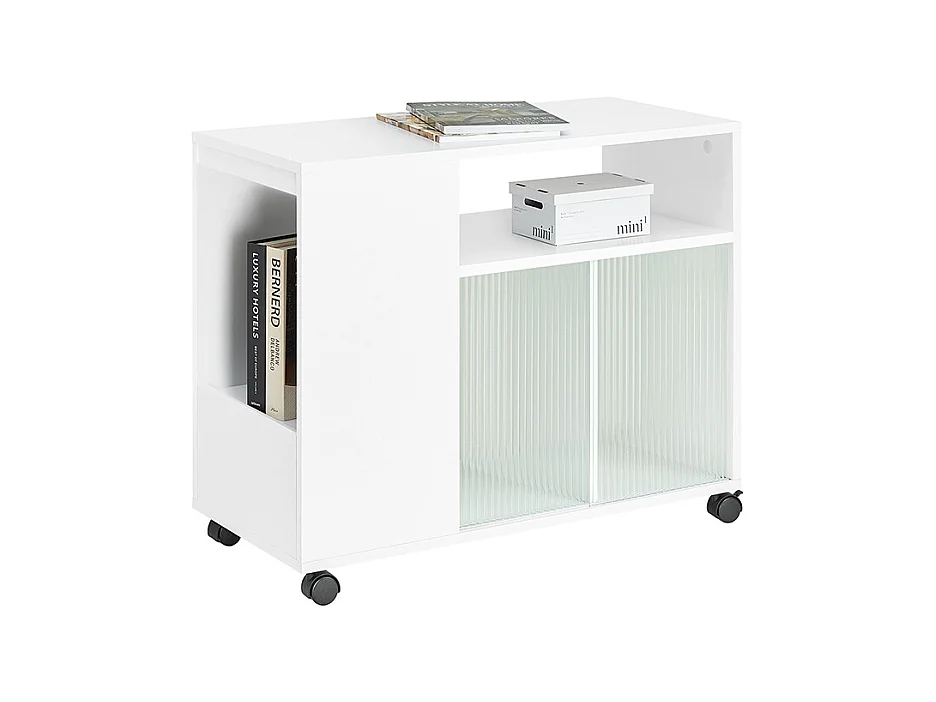 SoBuy Bijzettafel, salontafel, salontafel, bureauonderstel, op wielen, bureautrolley met lade en glazen deuren, wit, 75 x 35 x 61 cm, FBT142-W