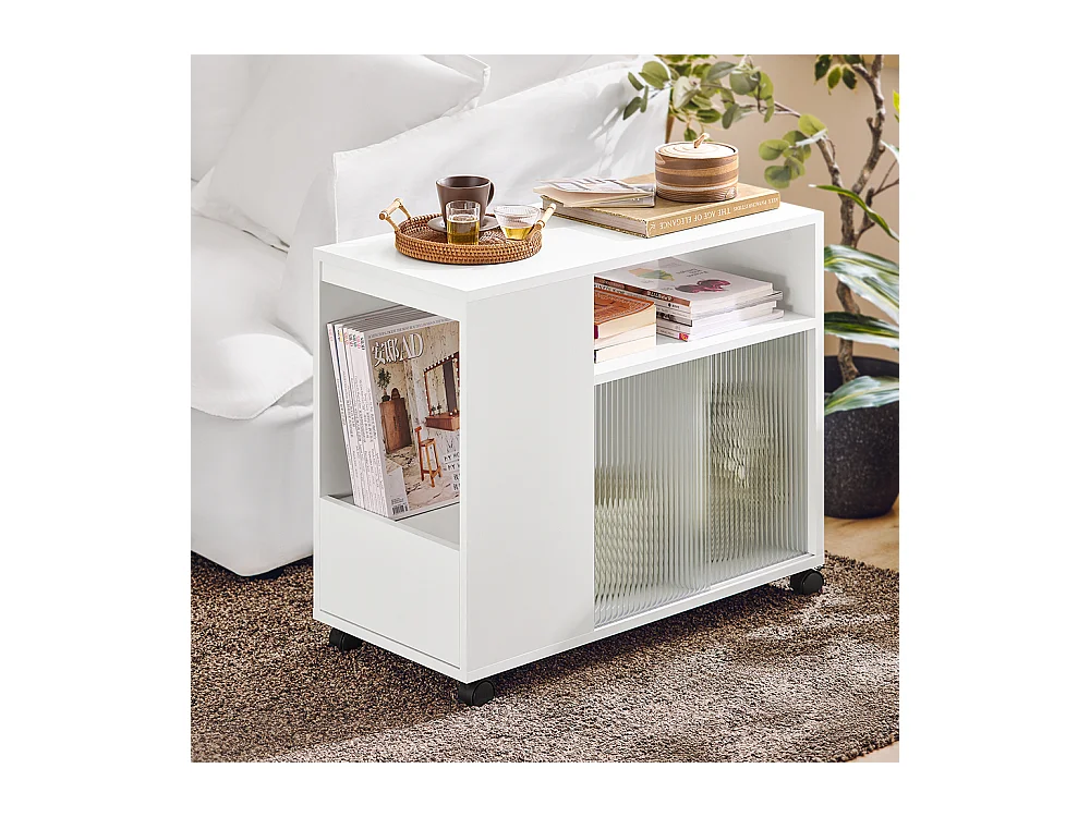 SoBuy FBT142-W Table d'Appoint, Bout de Canapé de Salon,  à roulettes, Chariot de Bureau avec tiroir et Portes en Verre
