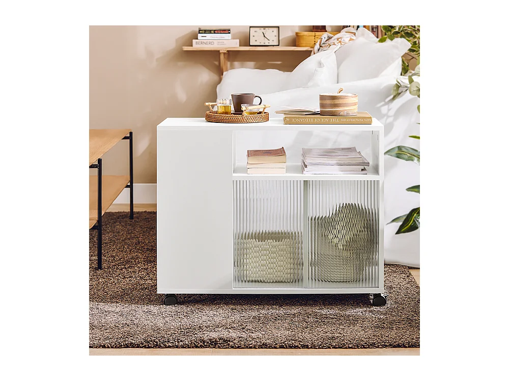 SoBuy FBT142-W Table d'Appoint, Bout de Canapé de Salon,  à roulettes, Chariot de Bureau avec tiroir et Portes en Verre