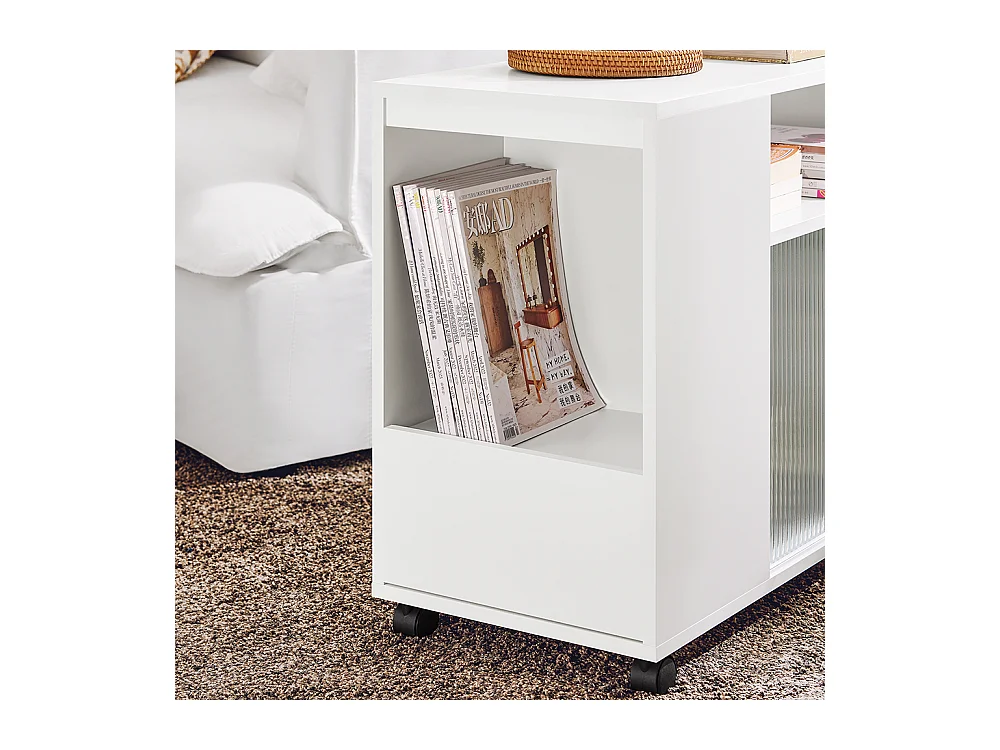 SoBuy FBT142-W Table d'Appoint, Bout de Canapé de Salon,  à roulettes, Chariot de Bureau avec tiroir et Portes en Verre