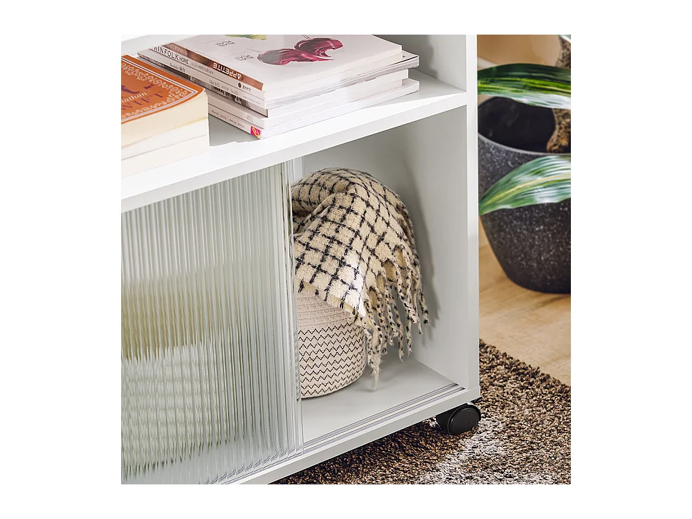 SoBuy FBT142-W Table d'Appoint, Bout de Canapé de Salon,  à roulettes, Chariot de Bureau avec tiroir et Portes en Verre