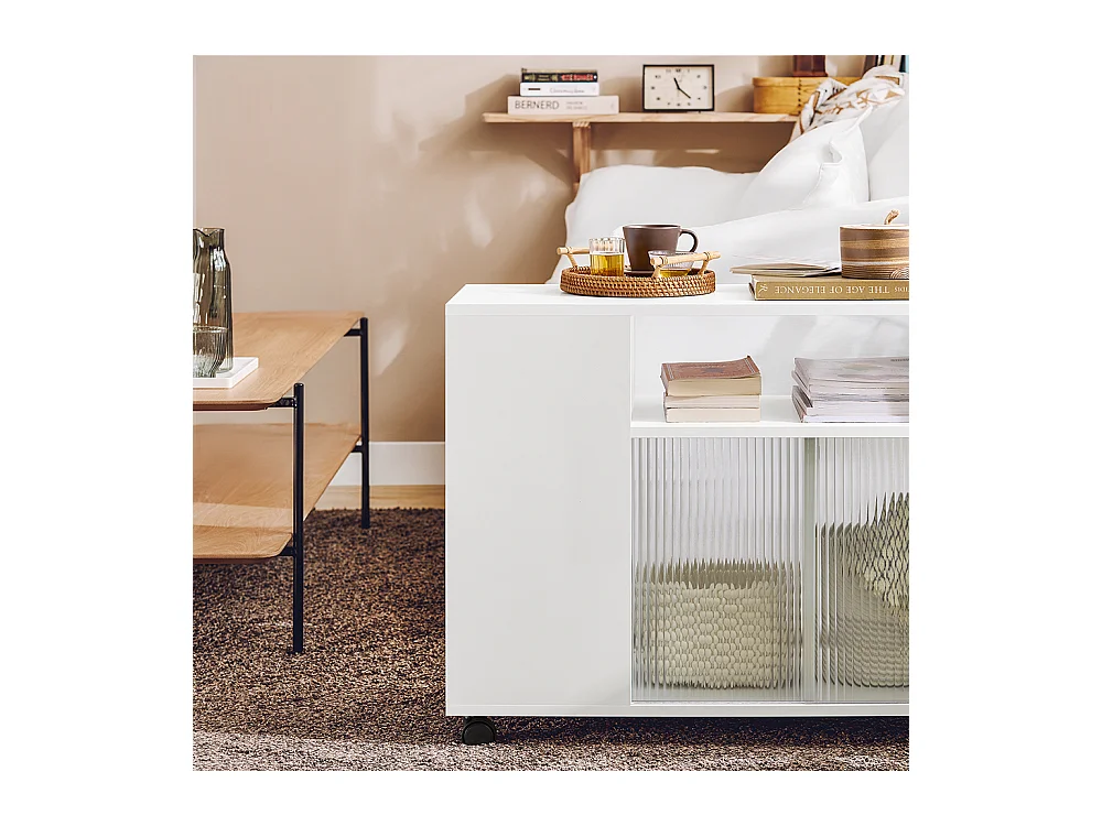 SoBuy FBT142-W Table d'Appoint, Bout de Canapé de Salon,  à roulettes, Chariot de Bureau avec tiroir et Portes en Verre