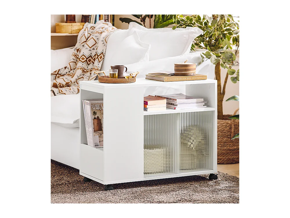 SoBuy FBT142-W Table d'Appoint, Bout de Canapé de Salon,  à roulettes, Chariot de Bureau avec tiroir et Portes en Verre