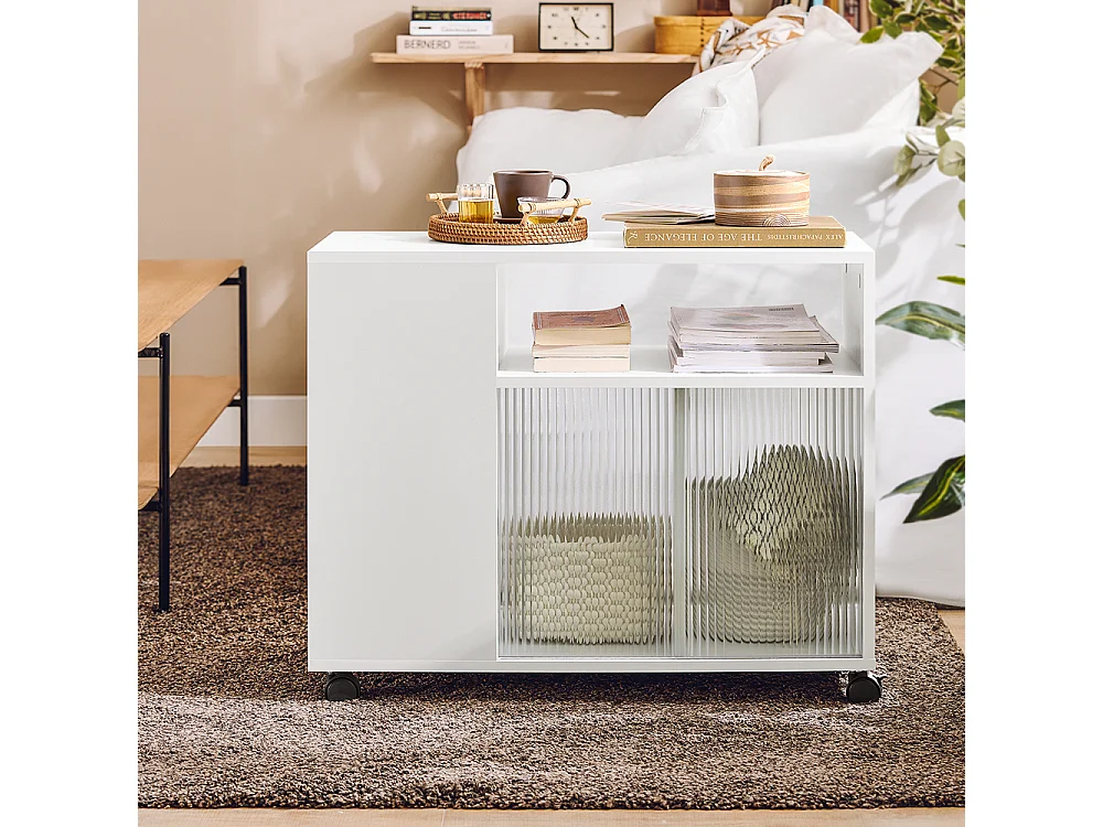 SoBuy FBT142-W Mesa Auxiliar con 2 Puertas y 2 Compartimentos Blanco