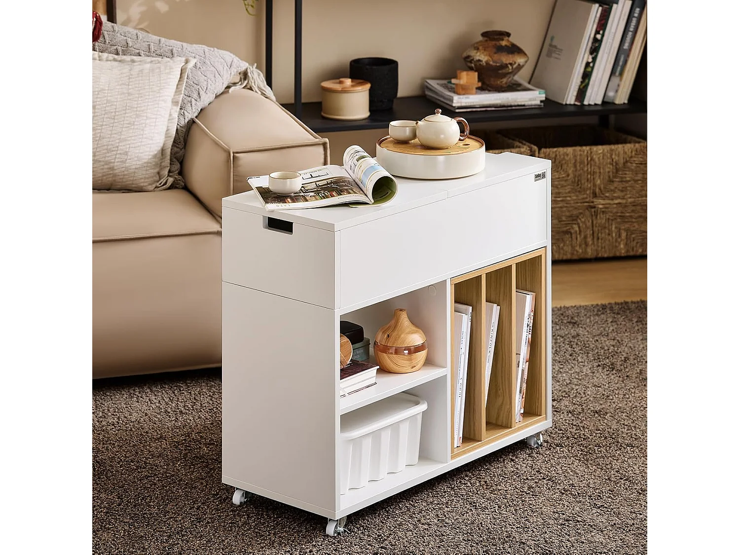 SoBuy FBT134-W Mesa Auxiliar con 1 Cajón y 2 Compartimentos 70 x 30 x 61 cm