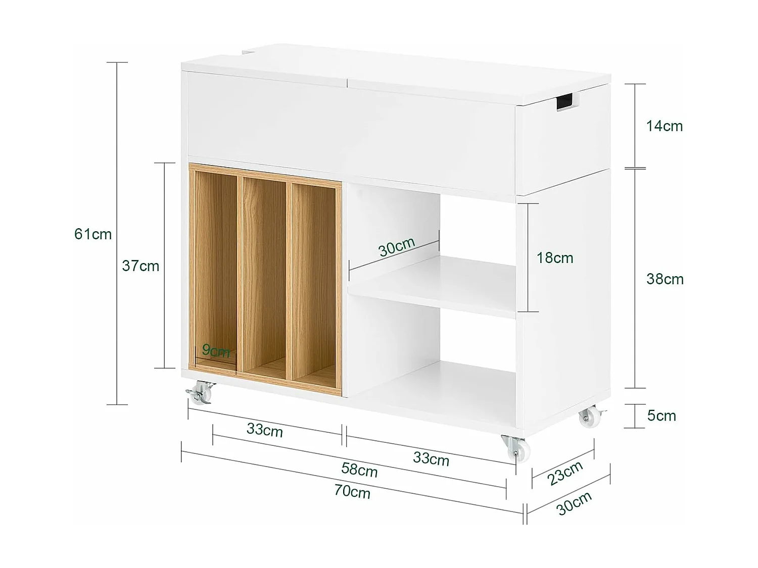 SoBuy FBT134-W Mesa Auxiliar con 1 Cajón y 2 Compartimentos 70 x 30 x 61 cm