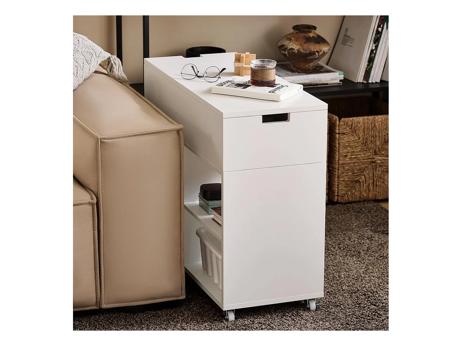 SoBuy FBT134-W Mesa Auxiliar con 1 Cajón y 2 Compartimentos 70 x 30 x 61 cm