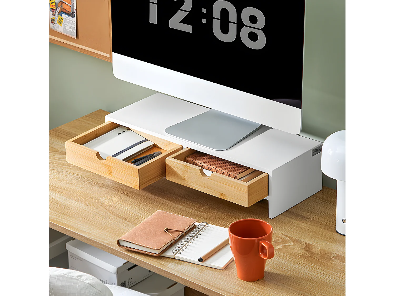 SoBuy Base de tela com gaveta, elevador de tela de escritório, elevador para monitor de mesa BBF02-WN