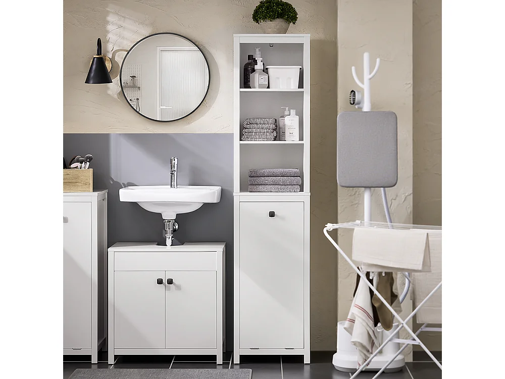 SoBuy Badkamerkolommeubel, hoge kast, opbergkast, opbergplank met 1 wasmand en 3 planken voor badkamer, 40x35x173cm, witte kleur, BZR95-W