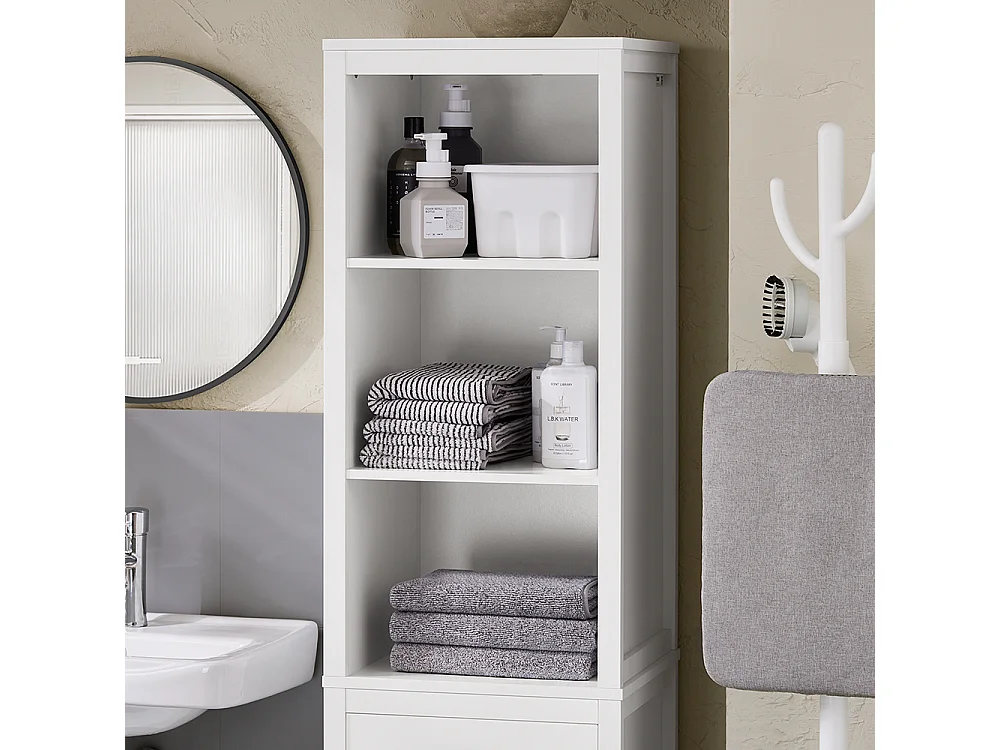 SoBuy Badkamerkolommeubel, hoge kast, opbergkast, opbergplank met 1 wasmand en 3 planken voor badkamer, 40x35x173cm, witte kleur, BZR95-W