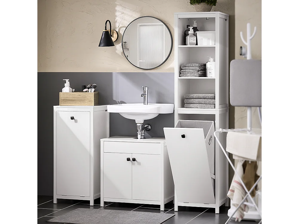 SoBuy Badkamerkolommeubel, hoge kast, opbergkast, opbergplank met 1 wasmand en 3 planken voor badkamer, 40x35x173cm, witte kleur, BZR95-W