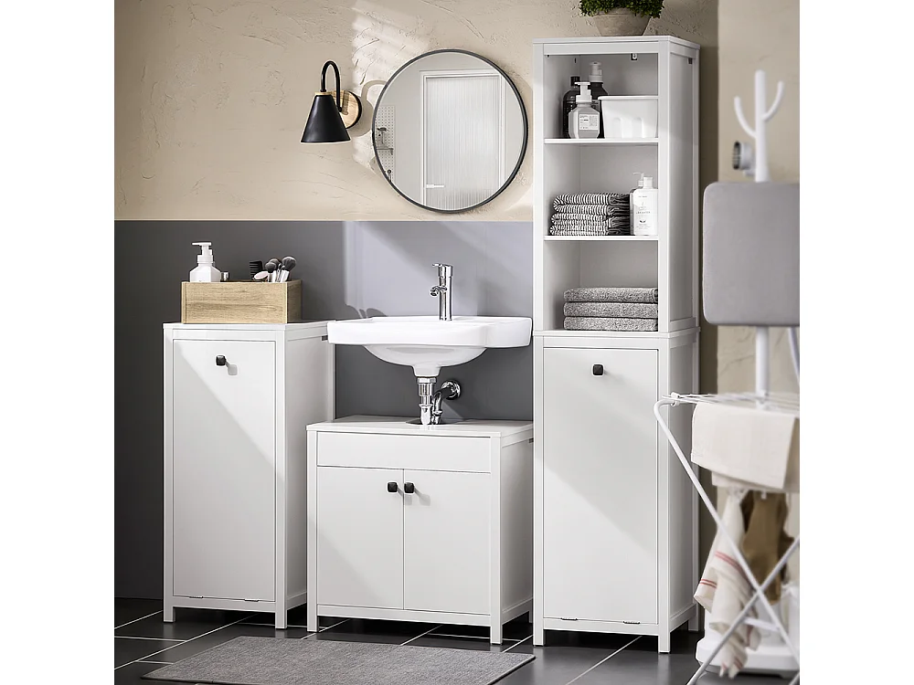 SoBuy Badkamerkolommeubel, hoge kast, opbergkast, opbergplank met 1 wasmand en 3 planken voor badkamer, 40x35x173cm, witte kleur, BZR95-W