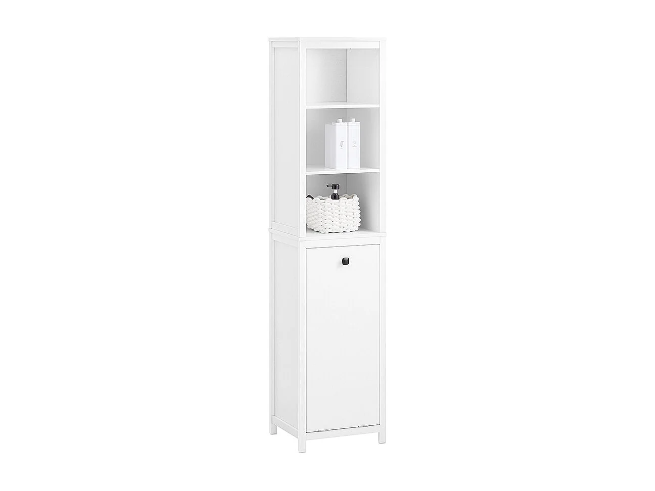 SoBuy Badkamerkolommeubel, hoge kast, opbergkast, opbergplank met 1 wasmand en 3 planken voor badkamer, 40x35x173cm, witte kleur, BZR95-W