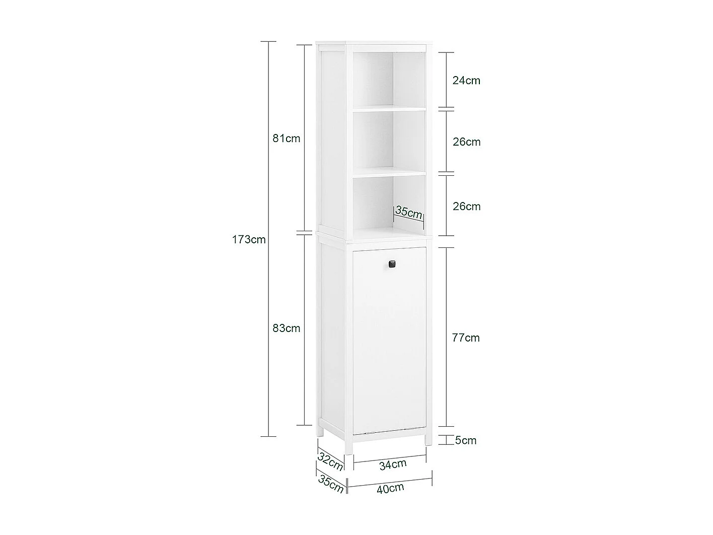 SoBuy Badkamerkolommeubel, hoge kast, opbergkast, opbergplank met 1 wasmand en 3 planken voor badkamer, 40x35x173cm, witte kleur, BZR95-W