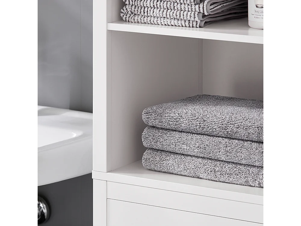 SoBuy Badkamerkolommeubel, hoge kast, opbergkast, opbergplank met 1 wasmand en 3 planken voor badkamer, 40x35x173cm, witte kleur, BZR95-W
