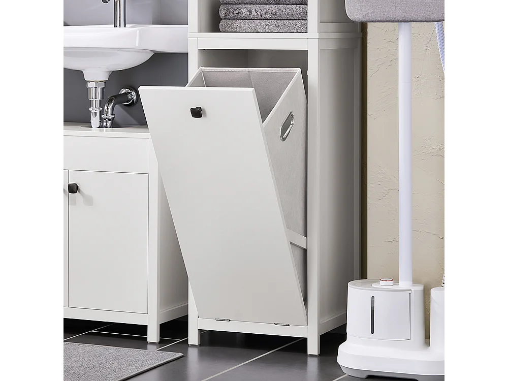 SoBuy Badkamerkolommeubel, hoge kast, opbergkast, opbergplank met 1 wasmand en 3 planken voor badkamer, 40x35x173cm, witte kleur, BZR95-W