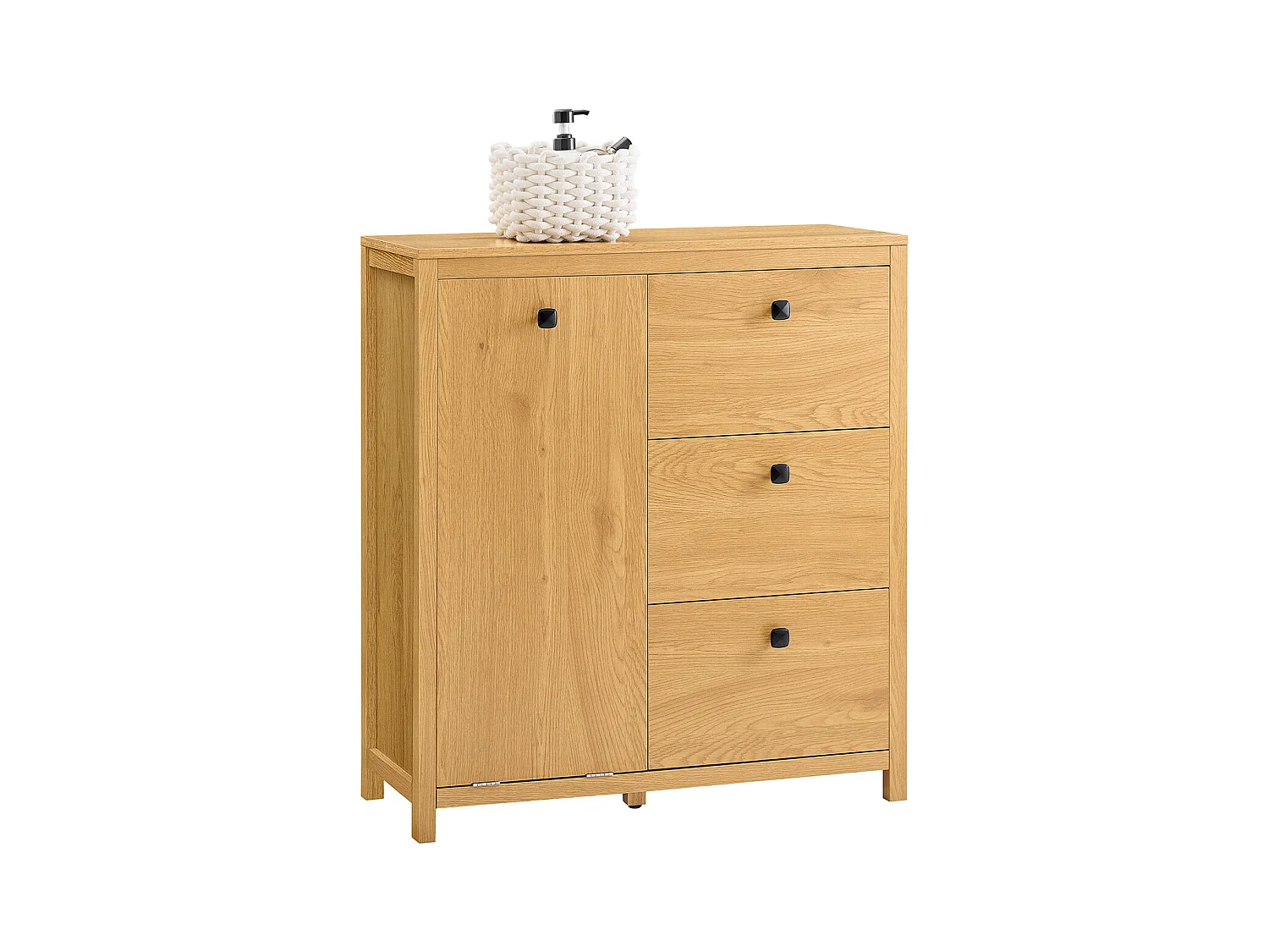 SoBuy BZR97-SN Armoire à Linge avec Sac à Linge, Meuble Bas de Salle de Bain, Armoire Toilette avec 3 Tiroirs et 1 Panier à Linge