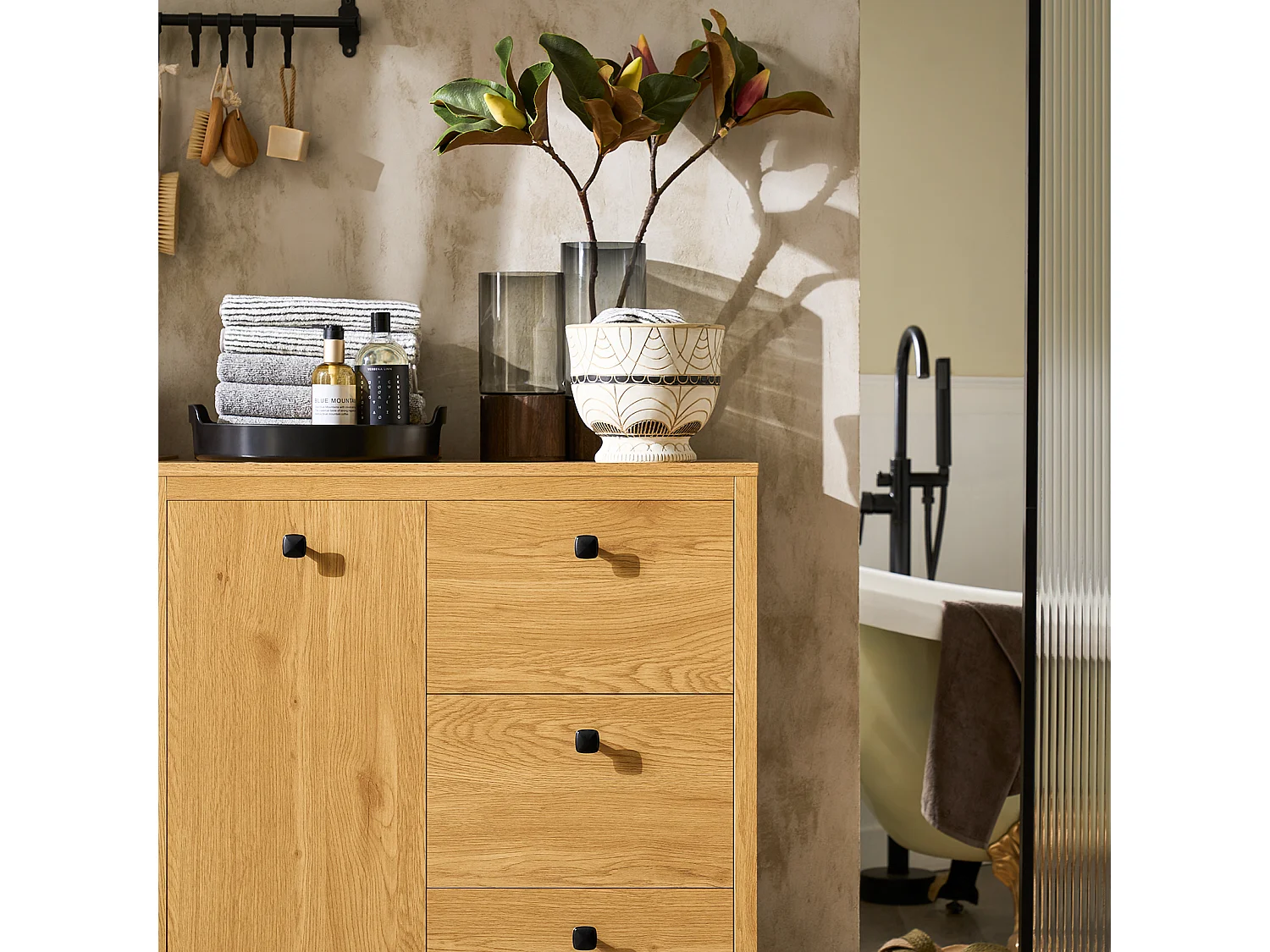 Sobuy bzr97-sn waskast met waszak, badkameronderkast, toiletkast met 3 laden en 1 wasmand, donker naturel