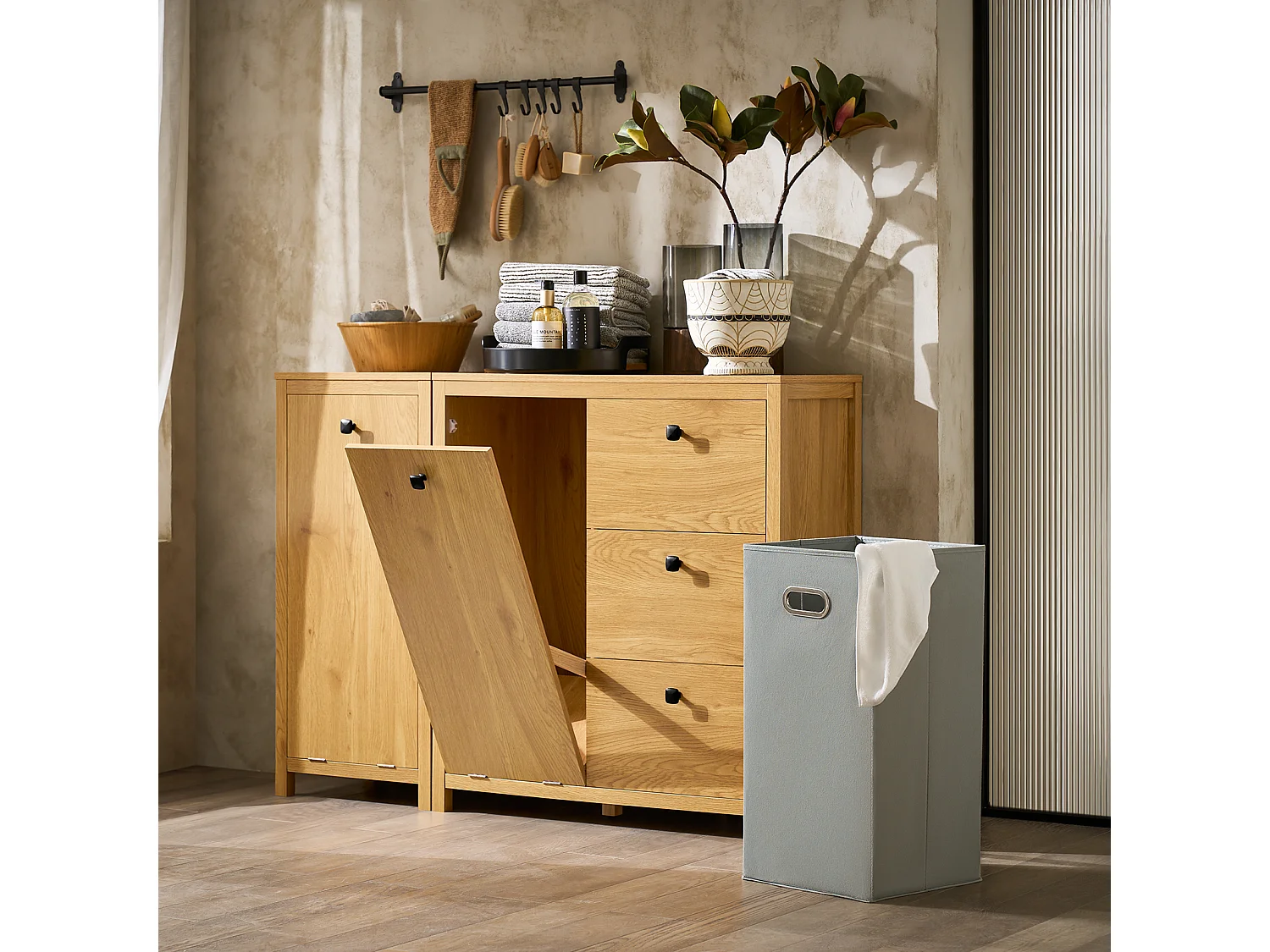 Sobuy bzr97-sn waskast met waszak, badkameronderkast, toiletkast met 3 laden en 1 wasmand, donker naturel