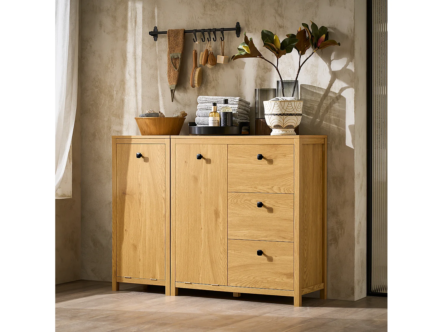 Sobuy bzr97-sn waskast met waszak, badkameronderkast, toiletkast met 3 laden en 1 wasmand, donker naturel