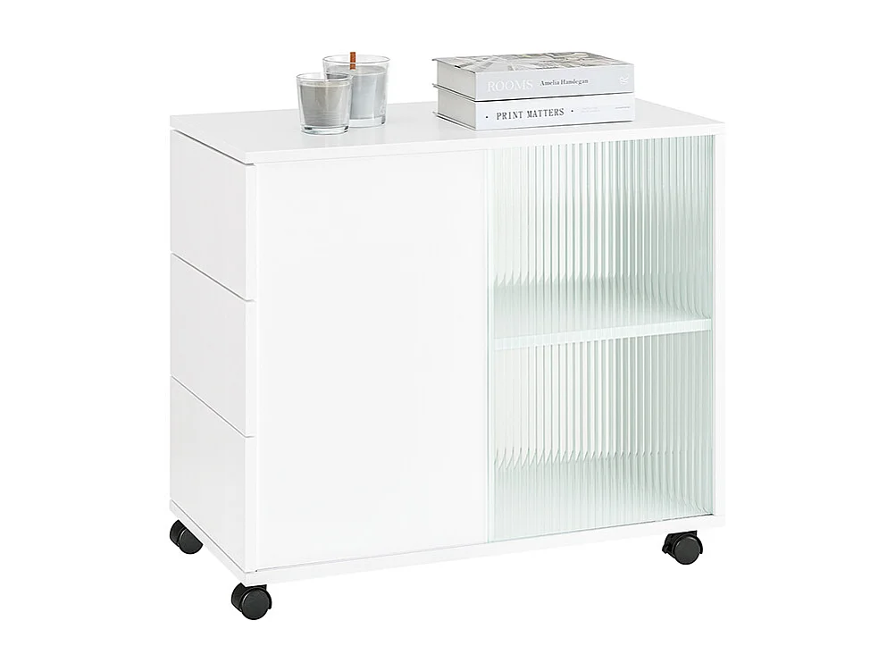 SoBuy Bout de Canapé, Table d'appoint Roulante, Table Basse, Table à Café avec 3 Tiroir, pour Salon, Bureau, Chambre, Bois et Verre, Blanc, L70xP35xH61cm, FBT141-W