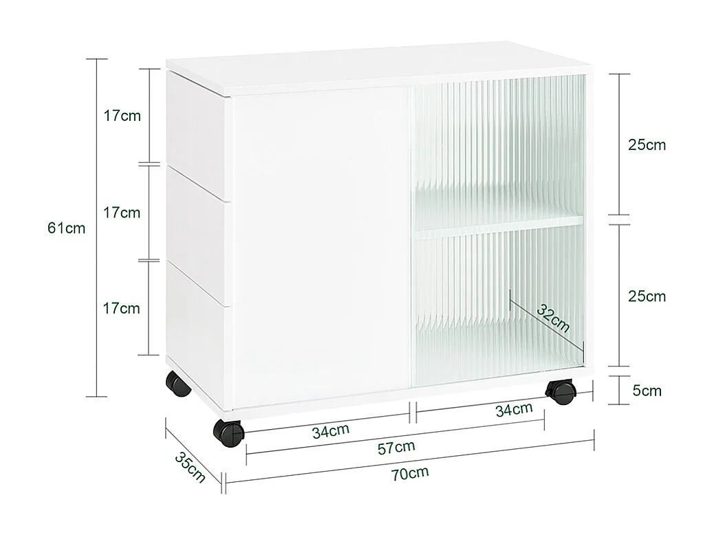 SoBuy Bout de Canapé, Table d'appoint Roulante, Table Basse, Table à Café avec 3 Tiroir, pour Salon, Bureau, Chambre, Bois et Verre, Blanc, L70xP35xH61cm, FBT141-W