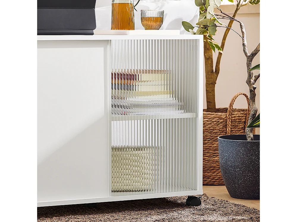 SoBuy Bout de Canapé, Table d'appoint Roulante, Table Basse, Table à Café avec 3 Tiroir, pour Salon, Bureau, Chambre, Bois et Verre, Blanc, L70xP35xH61cm, FBT141-W