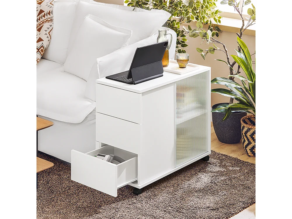 SoBuy Bout de Canapé, Table d'appoint Roulante, Table Basse, Table à Café avec 3 Tiroir, pour Salon, Bureau, Chambre, Bois et Verre, Blanc, L70xP35xH61cm, FBT141-W