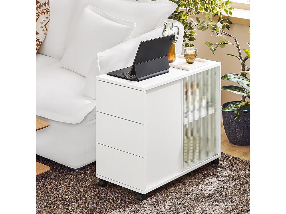 SoBuy Bout de Canapé, Table d'appoint Roulante, Table Basse, Table à Café avec 3 Tiroir, pour Salon, Bureau, Chambre, Bois et Verre, Blanc, L70xP35xH61cm, FBT141-W