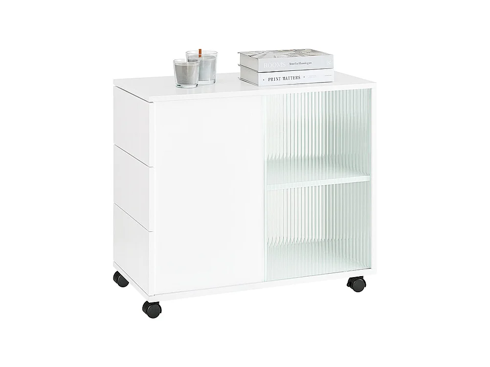SoBuy Bout de Canapé, Table d'appoint Roulante, Table Basse, Table à Café avec 3 Tiroir, pour Salon, Bureau, Chambre, Bois et Verre, Blanc, L70xP35xH61cm, FBT141-W