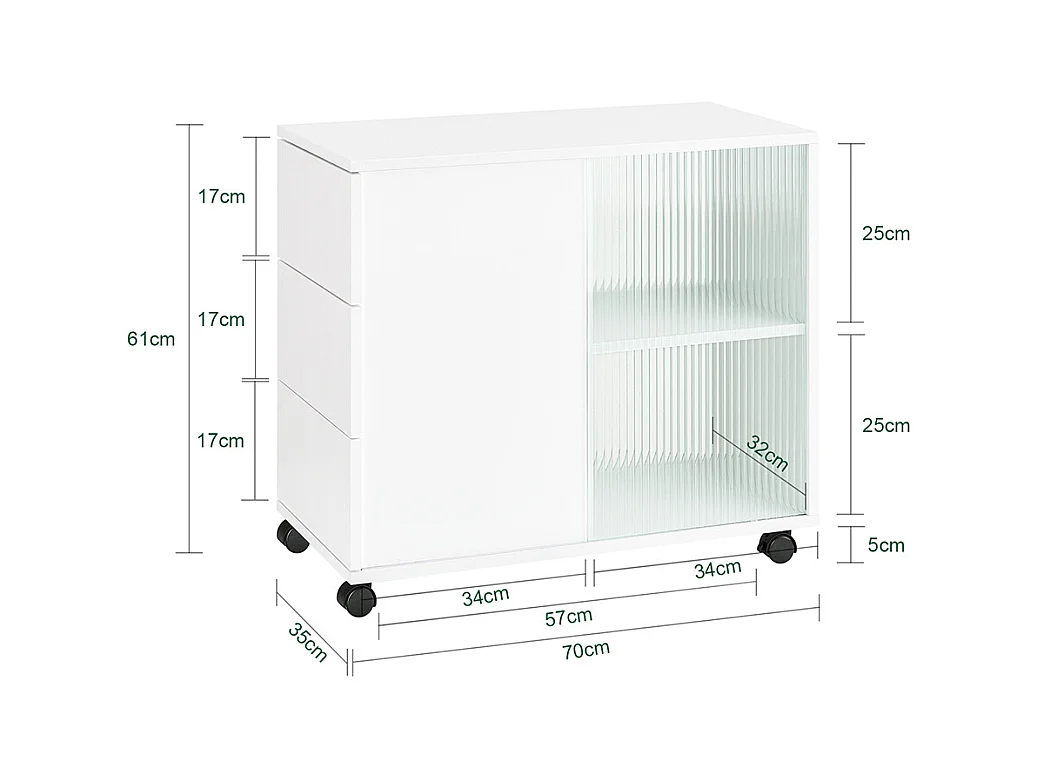 SoBuy Bout de Canapé, Table d'appoint Roulante, Table Basse, Table à Café avec 3 Tiroir, pour Salon, Bureau, Chambre, Bois et Verre, Blanc, L70xP35xH61cm, FBT141-W