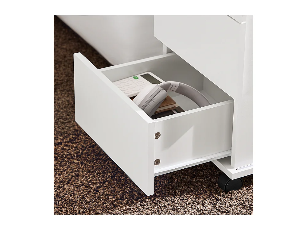 SoBuy Bout de Canapé, Table d'appoint Roulante, Table Basse, Table à Café avec 3 Tiroir, pour Salon, Bureau, Chambre, Bois et Verre, Blanc, L70xP35xH61cm, FBT141-W