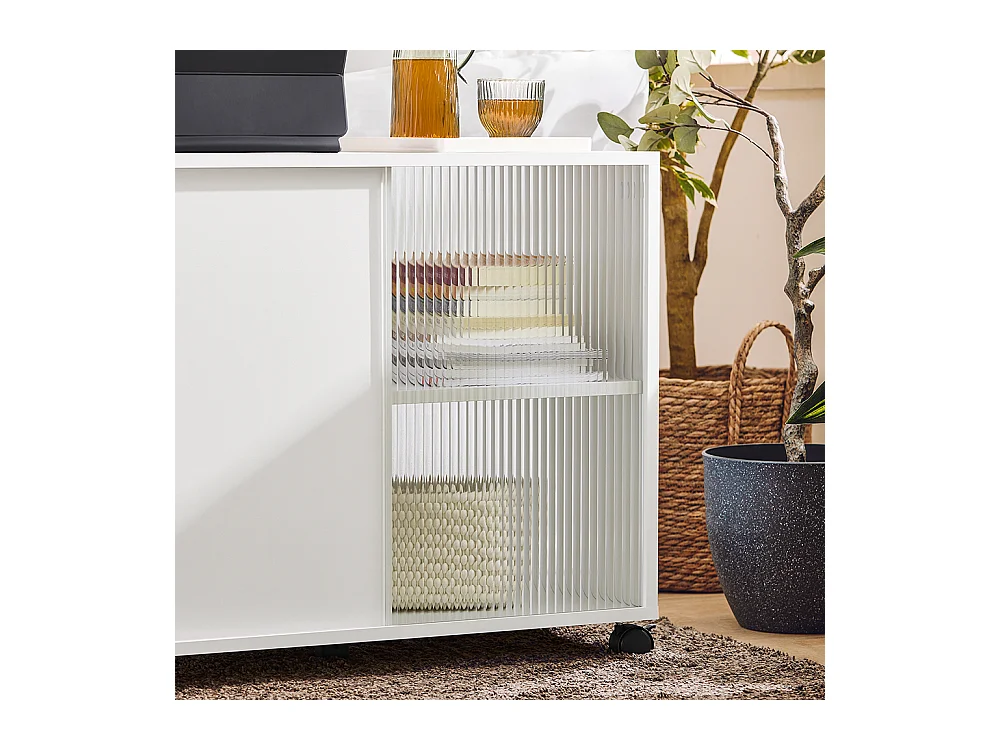 SoBuy Bout de Canapé, Table d'appoint Roulante, Table Basse, Table à Café avec 3 Tiroir, pour Salon, Bureau, Chambre, Bois et Verre, Blanc, L70xP35xH61cm, FBT141-W