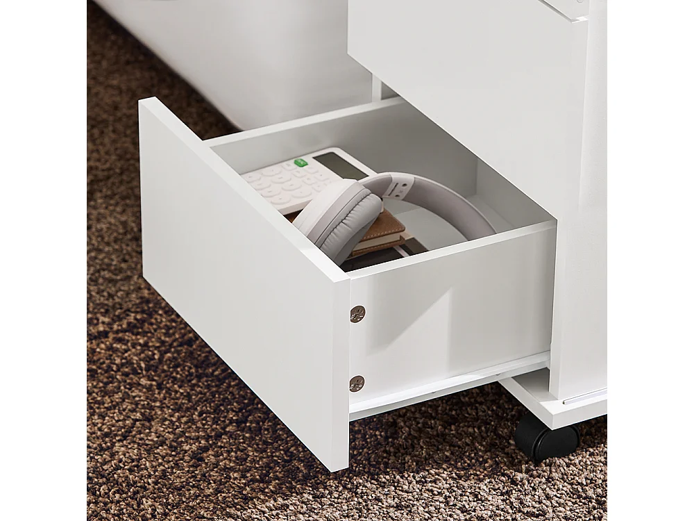 SoBuy Bout de Canapé, Table d'appoint Roulante, Table Basse, Table à Café avec 3 Tiroir, pour Salon, Bureau, Chambre, Bois et Verre, Blanc, L70xP35xH61cm, FBT141-W