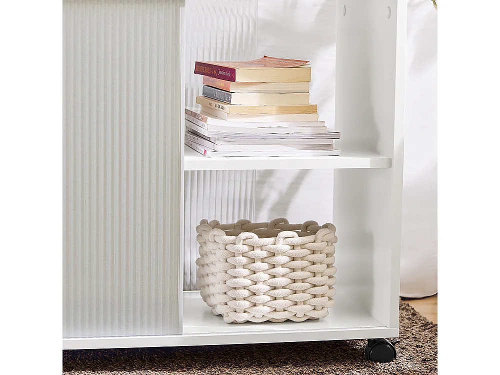 SoBuy Bout de Canapé, Table d'appoint Roulante, Table Basse, Table à Café avec 3 Tiroir, pour Salon, Bureau, Chambre, Bois et Verre, Blanc, L70xP35xH61cm, FBT141-W