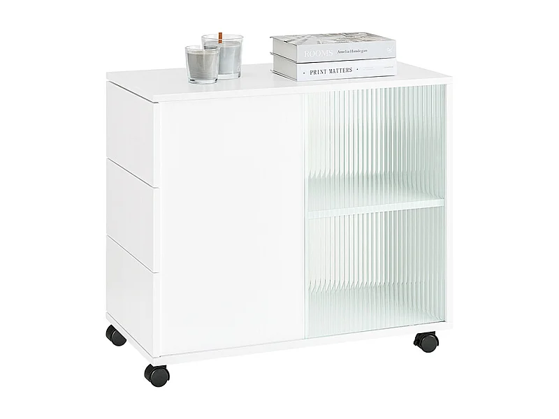 SoBuy Bout de Canapé, Table d'appoint Roulante, Table Basse, Table à Café avec 3 Tiroir, pour Salon, Bureau, Chambre, Bois et Verre, Blanc, L70xP35xH61cm, FBT141-W