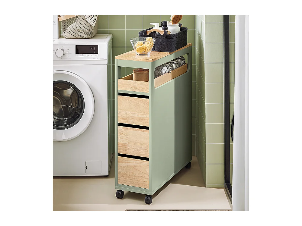 SoBuy Smalle badkameropberger op wielen, toiletrolhouder, compacte toiletkast, veelzijdige opbergruimte met 1 uitneembare lade en 3 lades, 65x24x82cm, BZR54-GR