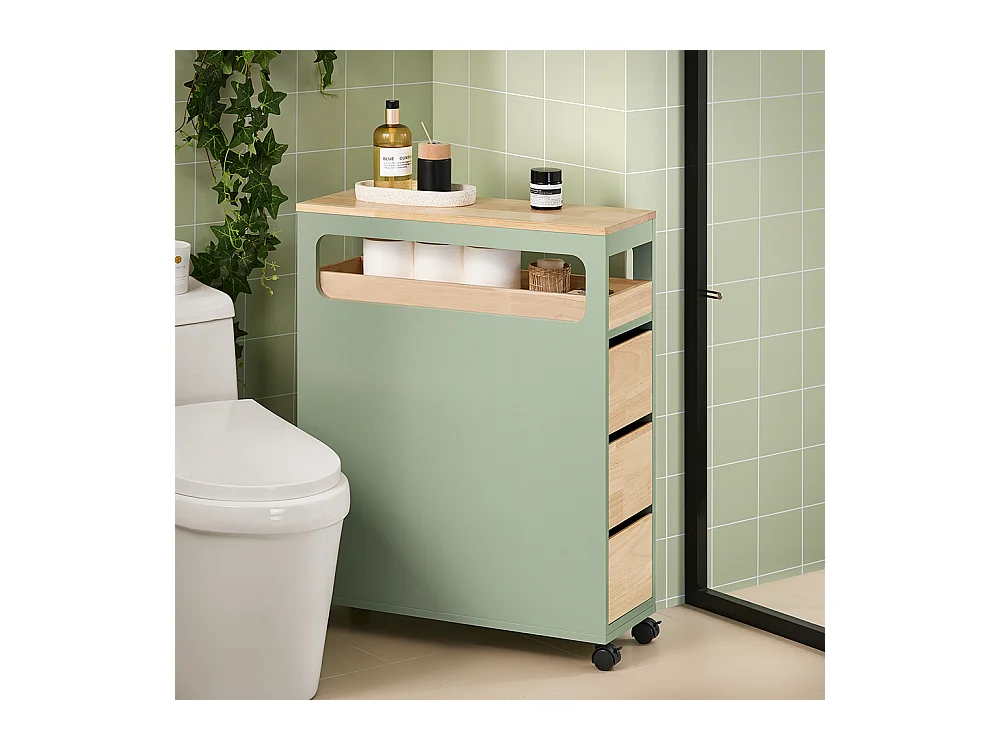 SoBuy Smalle badkameropberger op wielen, toiletrolhouder, compacte toiletkast, veelzijdige opbergruimte met 1 uitneembare lade en 3 lades, 65x24x82cm, BZR54-GR