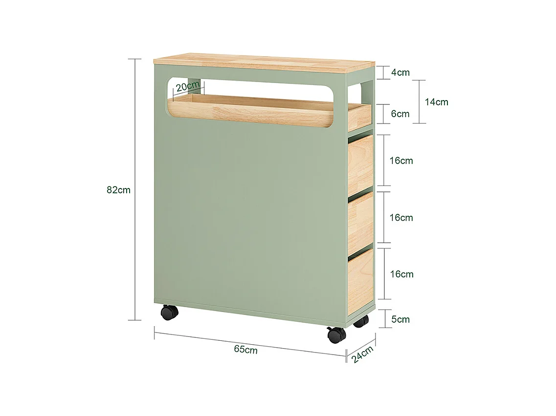 SoBuy Smalle badkameropberger op wielen, toiletrolhouder, compacte toiletkast, veelzijdige opbergruimte met 1 uitneembare lade en 3 lades, 65x24x82cm, BZR54-GR