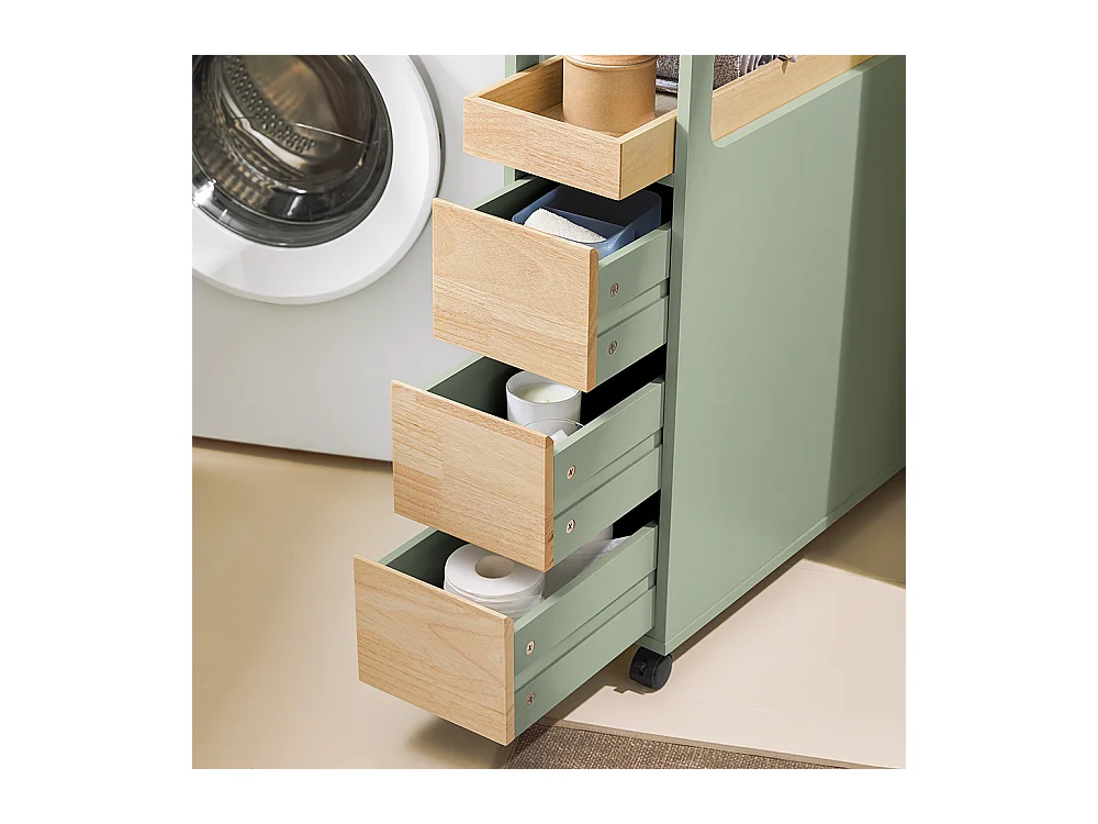 SoBuy Smalle badkameropberger op wielen, toiletrolhouder, compacte toiletkast, veelzijdige opbergruimte met 1 uitneembare lade en 3 lades, 65x24x82cm, BZR54-GR