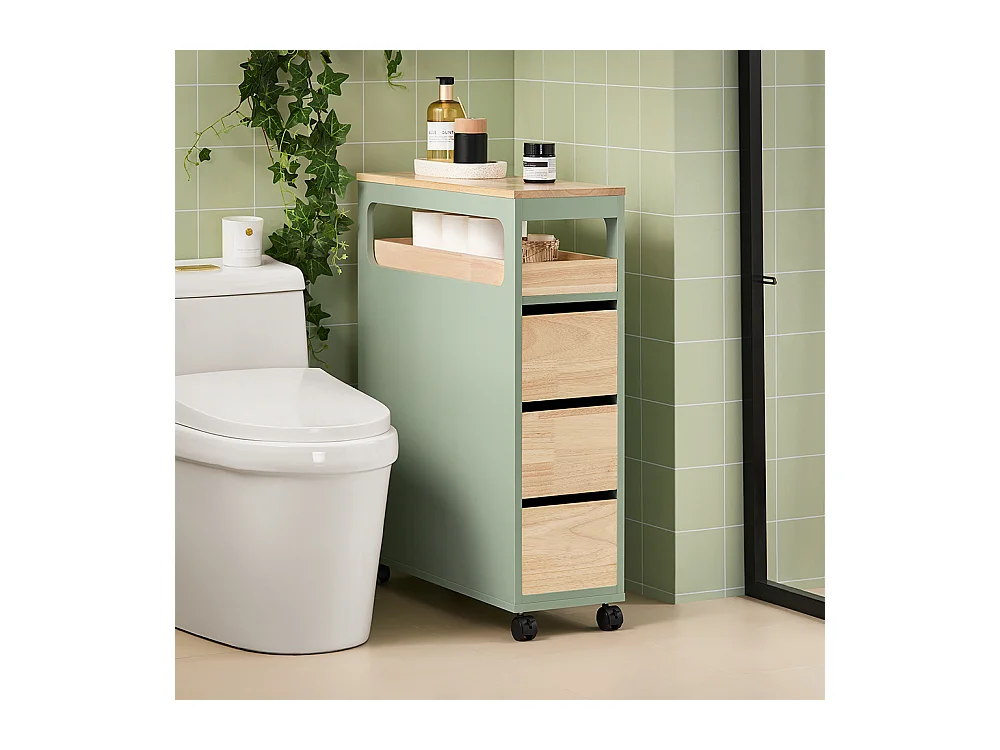 SoBuy Smalle badkameropberger op wielen, toiletrolhouder, compacte toiletkast, veelzijdige opbergruimte met 1 uitneembare lade en 3 lades, 65x24x82cm, BZR54-GR