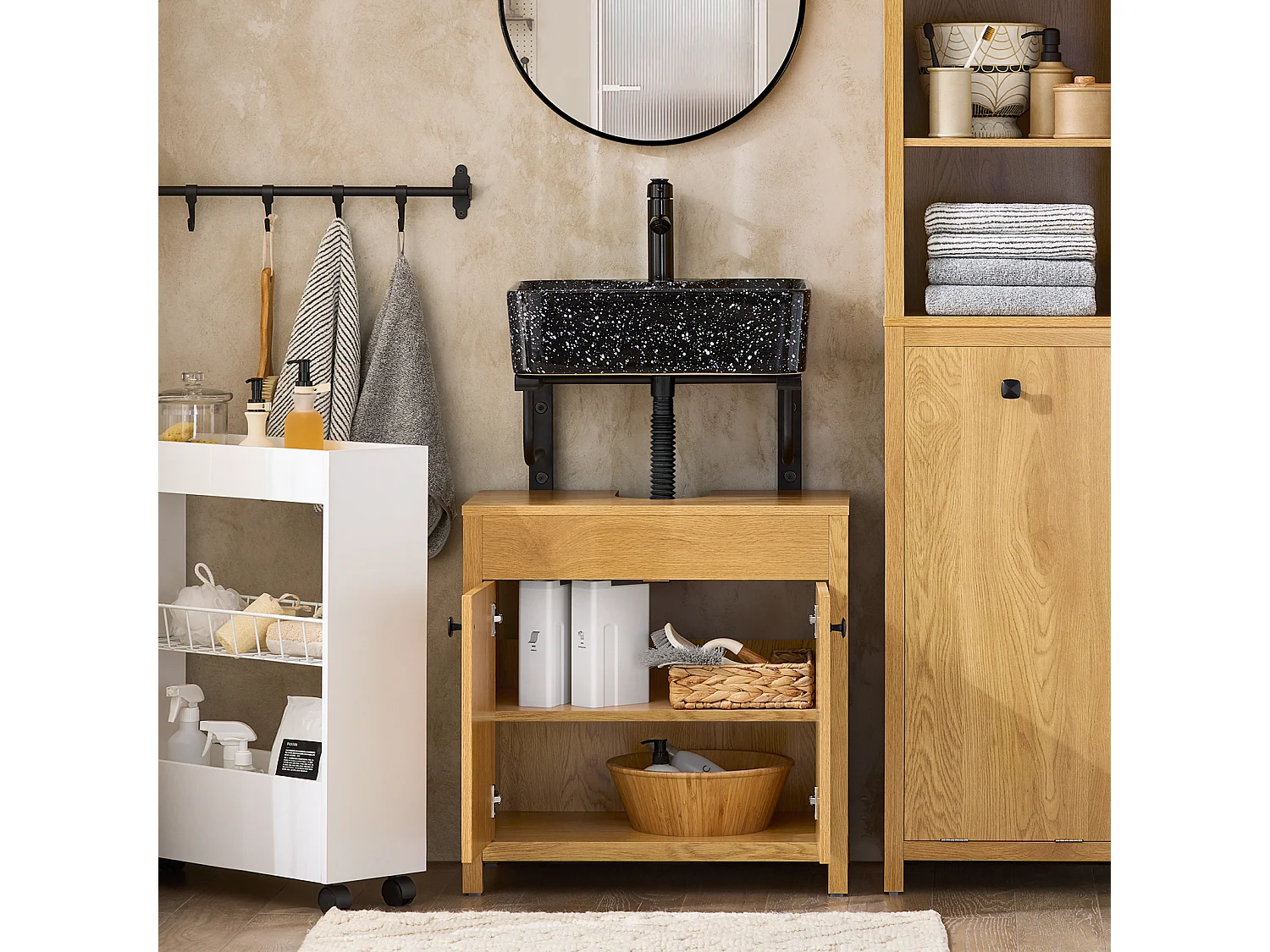 SoBuy BZR98-SN Meuble sous-Lavabo, Meuble sous-Vasque à 2 étages réglable et 2 Portes, Meuble de Rangement de Salle de Bain