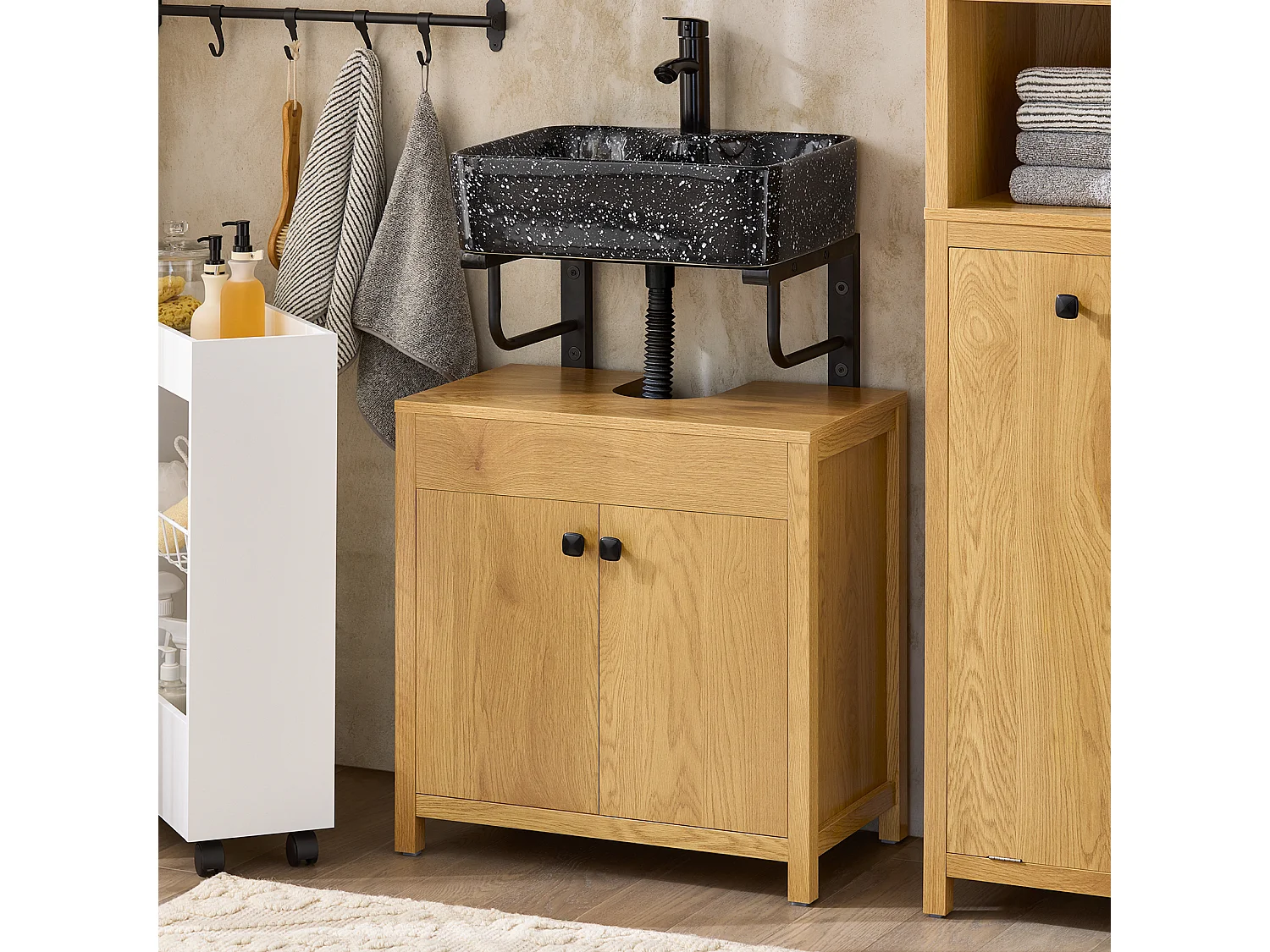 SoBuy BZR98-SN Meuble sous-Lavabo, Meuble sous-Vasque à 2 étages réglable et 2 Portes, Meuble de Rangement de Salle de Bain