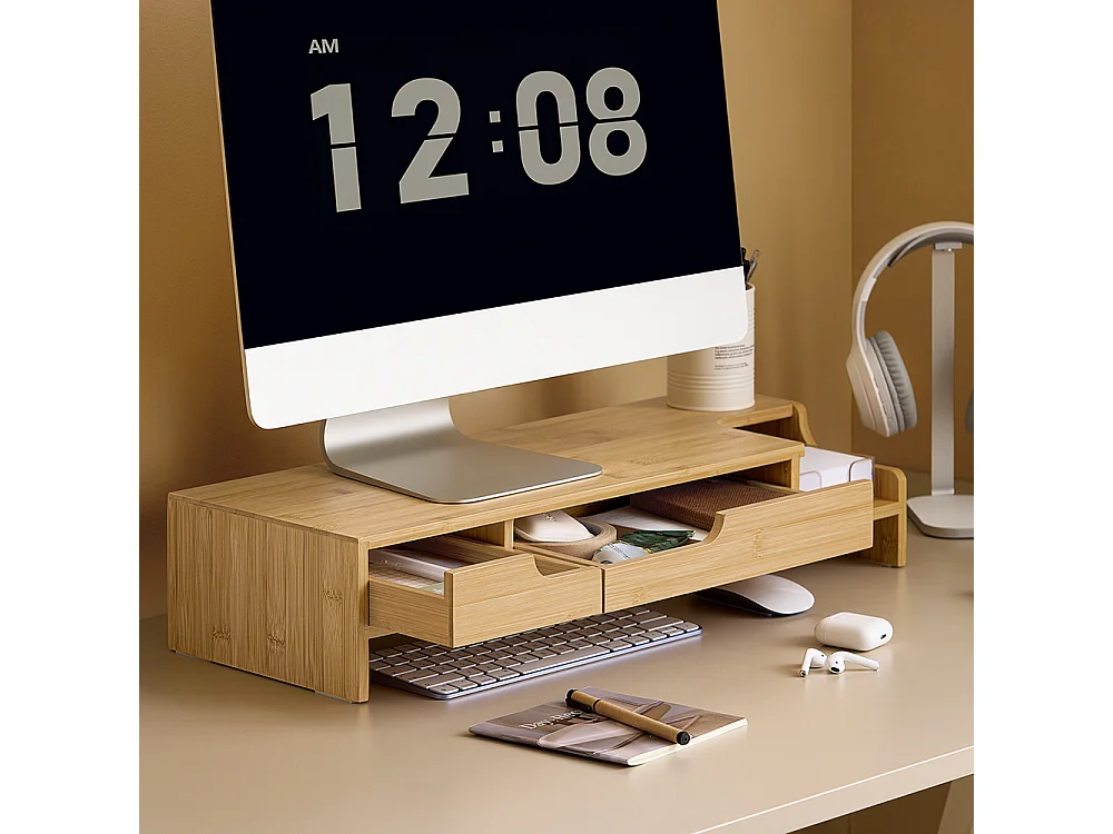 SoBuy BBF12-N Réhausseur d'écran Support de moniteur écran ergonomique Support pour écran d'ordinateur universal, 2 tiroirs