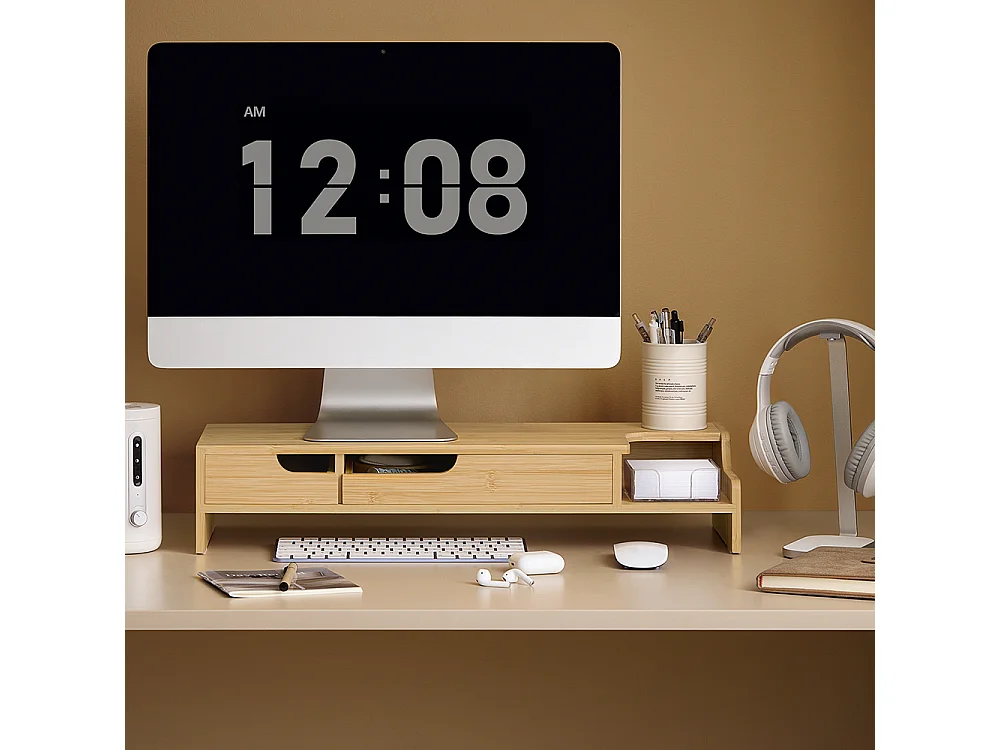 SoBuy BBF12-N Réhausseur d'écran Support de moniteur écran ergonomique Support pour écran d'ordinateur universal, 2 tiroirs