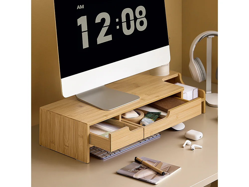 SoBuy BBF12-N Réhausseur d'écran Support de moniteur écran ergonomique Support pour écran d'ordinateur universal, 2 tiroirs