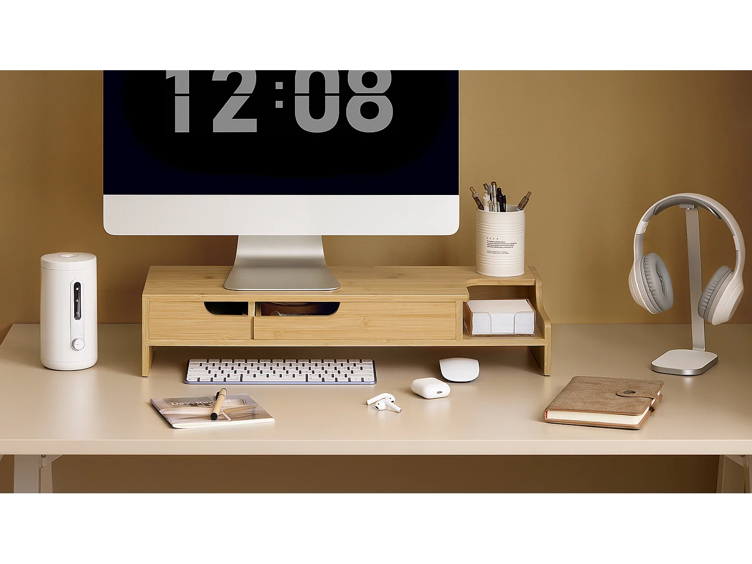 SoBuy BBF12-N Réhausseur d'écran Support de moniteur écran ergonomique Support pour écran d'ordinateur universal, 2 tiroirs