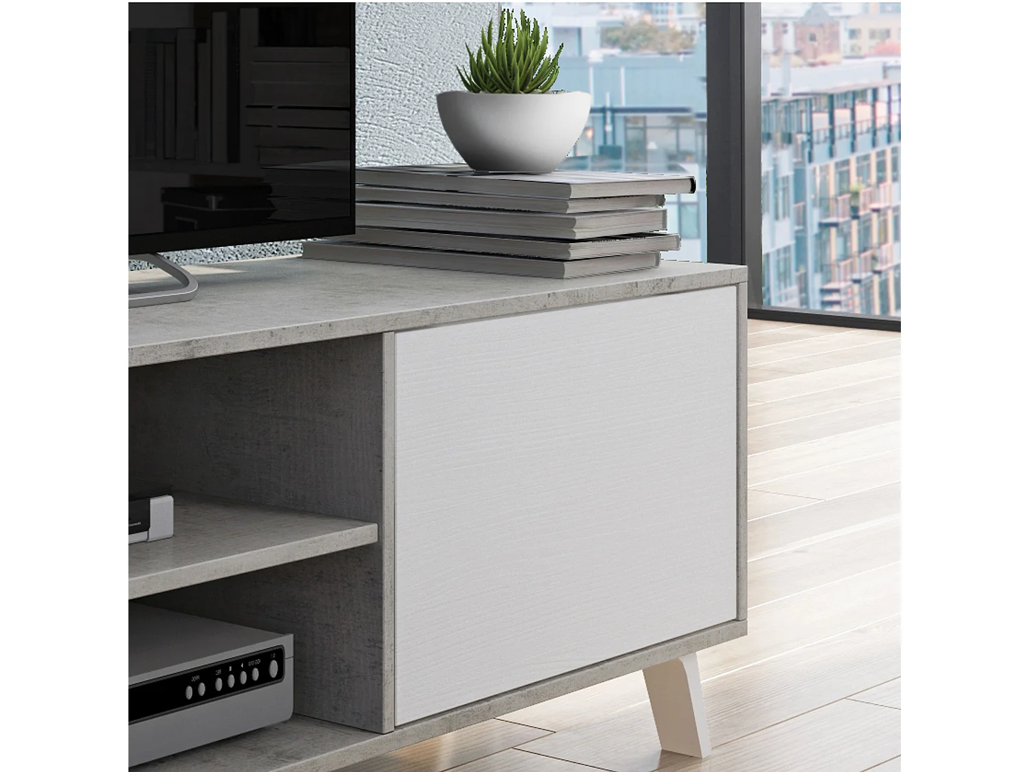 Mueble porta TV moderno de madera acabado cemento y alerce Brixton